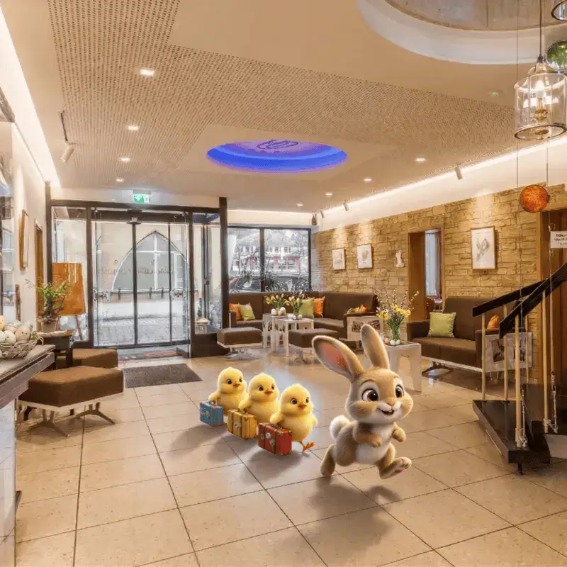 Osterangebot 2026 2 Das Osterangebot 2026 des Hotelbrunner mit einem Teaserbild auf dem der Osterhasen mit drei Kücken durch die Lobby des Hotel Brunner läuft.