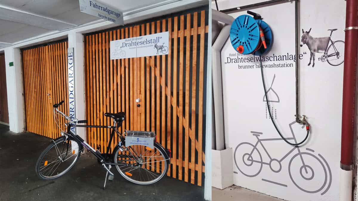 Collage of two pictures. One shows the bicycle garage, and the other photo shows the bicycle wash facility at Hotel Brunner Amberg.