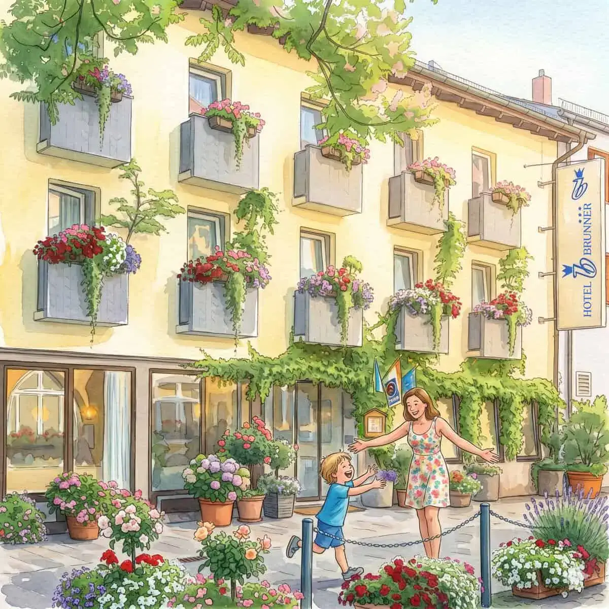 Das Hotel Brunner in Amberg in Wasserfarben gemalt mit vielen Blumen und einer Mutter und ihrem Kind, das lachend auf sie zurennt.
