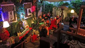Teaser zu Schlafen mit Musik mit einem Konzertfoto aus dem Biergarten des Atelier Teufelsbäck mit Fischer & Rabe sowie Publikum.