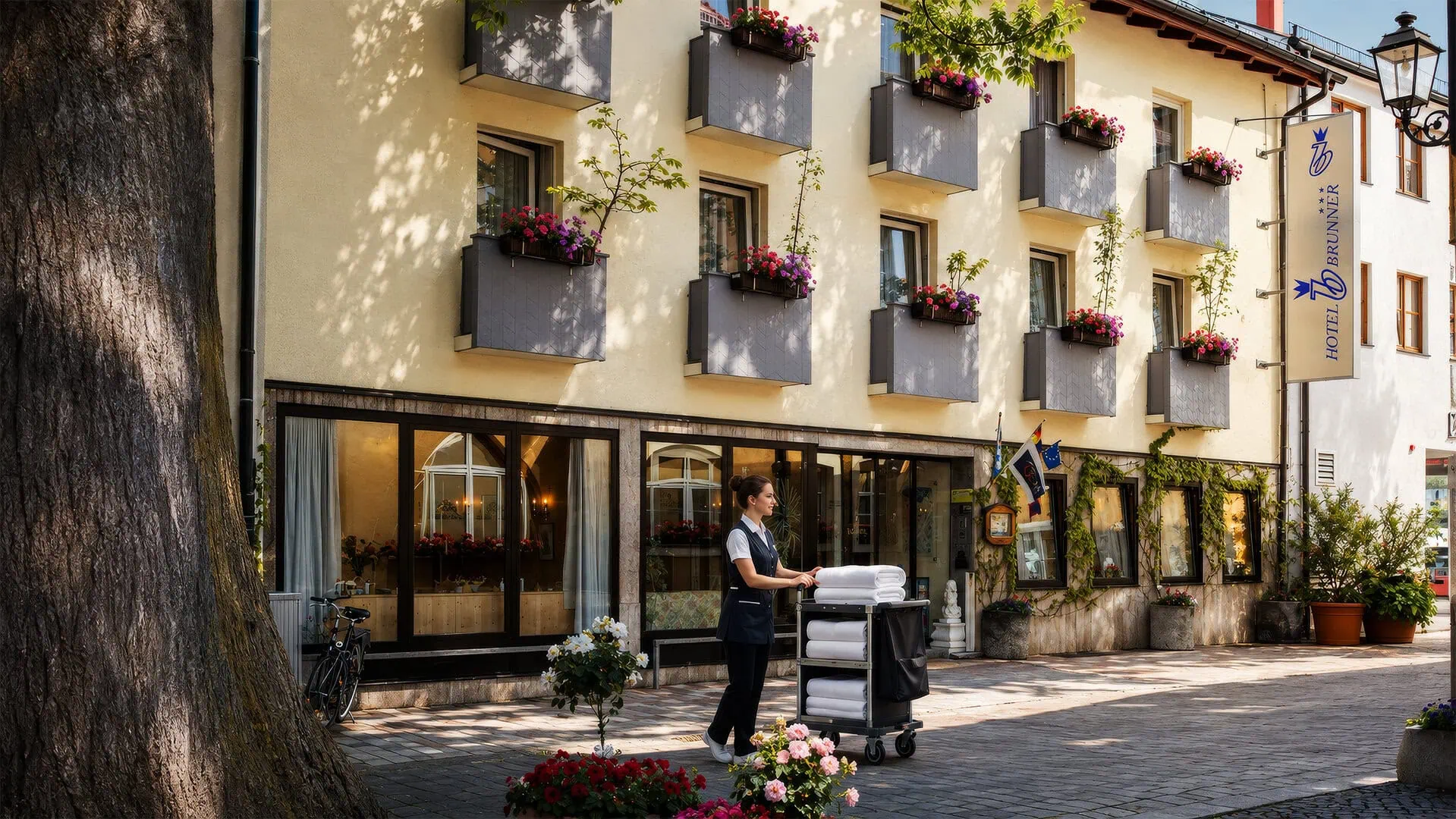 Symbolbild für unsere Stellenanzeige für Reinigungskräfte im Housekeeping - man sieht das Hotel Brunner von vorn - davor steht eine weibliche Reinigungskraft mit ihrem Etagenwagen
